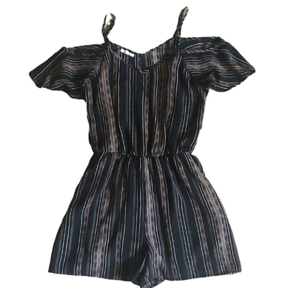 Maurices Off The Shoulder Romper Size L Black, White, and Pink Adjustable Straps